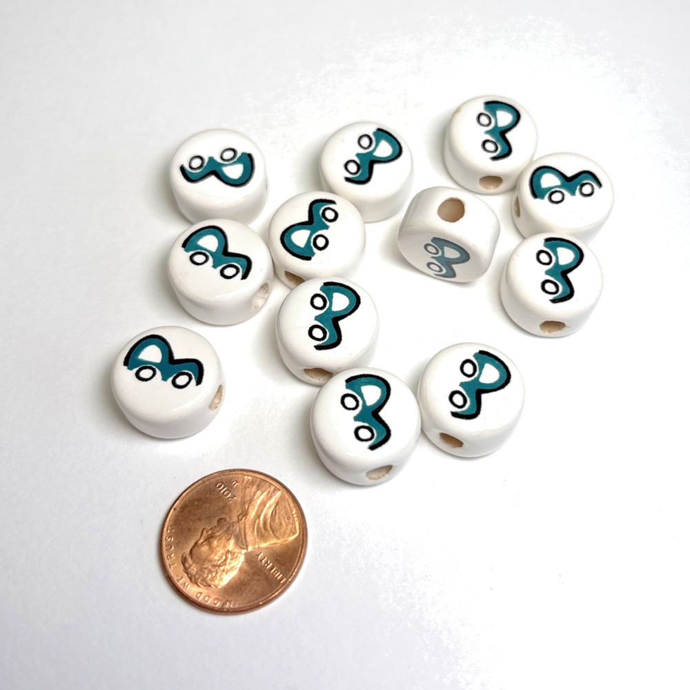 Lot of 12 White Ceramic Round Beads Teal Car Ribbon Design DIY Craft 14mm